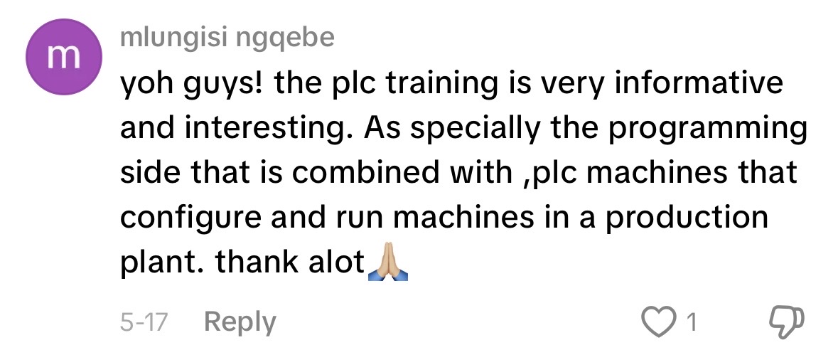 TikTok comment from mlungisi ngqebe: the plc training is very informative and interesting, especially the programming side combined with PLC machines that configure and run machines in a production plant. thank a lot.