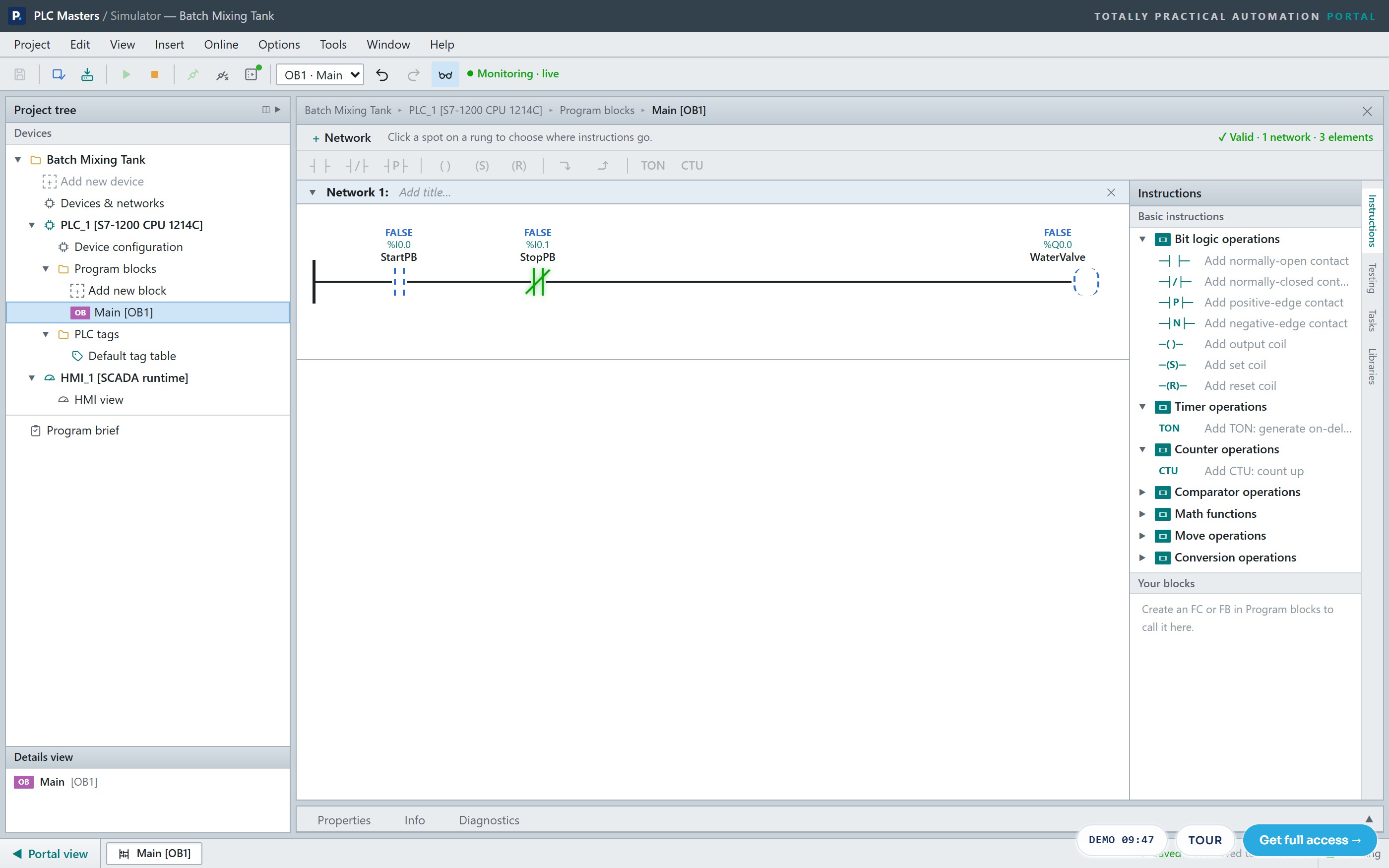 The actual PLC Masters simulator: a TIA-style workspace monitoring a live start/stop seal-in rung, energized elements shown in green